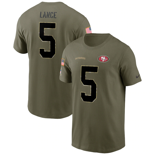 Men's San Francisco 49ers #5 Trey Lance 2022 Olive Salute to Service T-Shirt Men's San Francisco 49ers #5 Trey Lance 2022 Olive Salute to Service T-Shirt